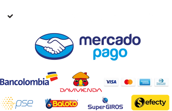 Medios de pago aceptados: Mercado Pago, Bancolombia, Davivienda, PSE, Boleto, SuperGIROS, Efecty, Visa, Mastercard